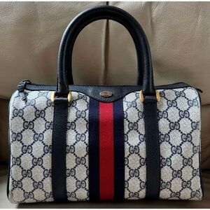 Authentic Vintage Gucci Boston Web Sherry Line Monogram Canvas Black Leather Bag